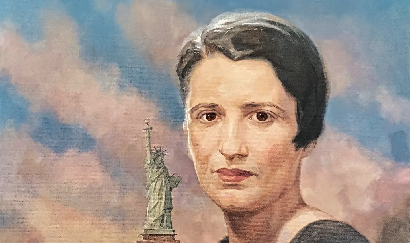 A painting of a woman with statue of liberty in the background.