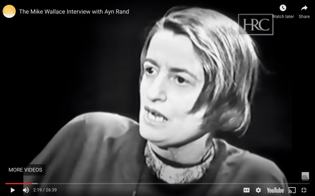 A black and white photo of ayn rand