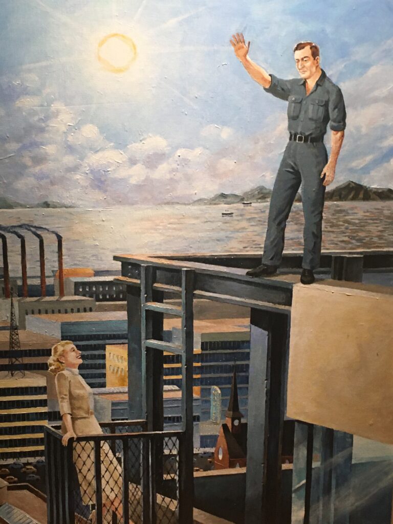 A painting of a man standing on top of a building.