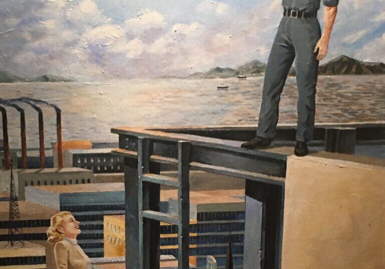 A painting of a man standing on top of a building.