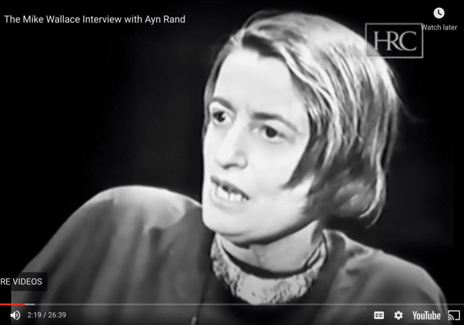 A black and white photo of ayn rand