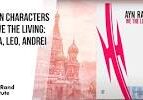 A red and white picture of a church with the words characters living : andrei written in it.